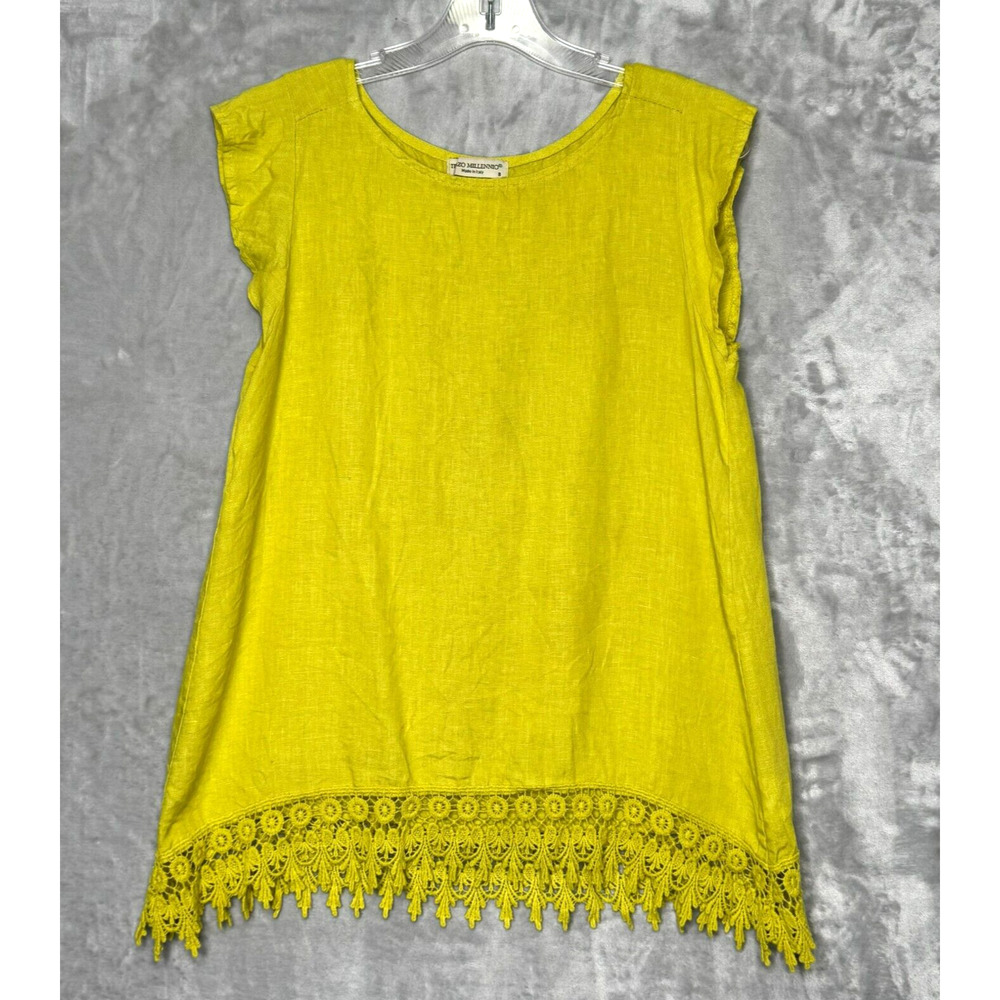 Terzo Millennio Top Womens Small Green Cap Sleeve Linen Made In Italy Lace Hem